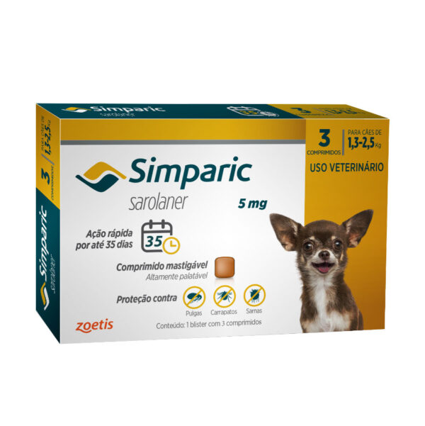 Antipulgas Simparic 5mg Para Cães 1,3 A 2,5kg 3 Comprimidos