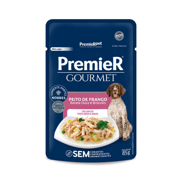 Ração Úmida Premier Gourmet Cães Adultos Portes Médio E Grande Peito De Frango, Batata Doce E Brócolis 85 G
